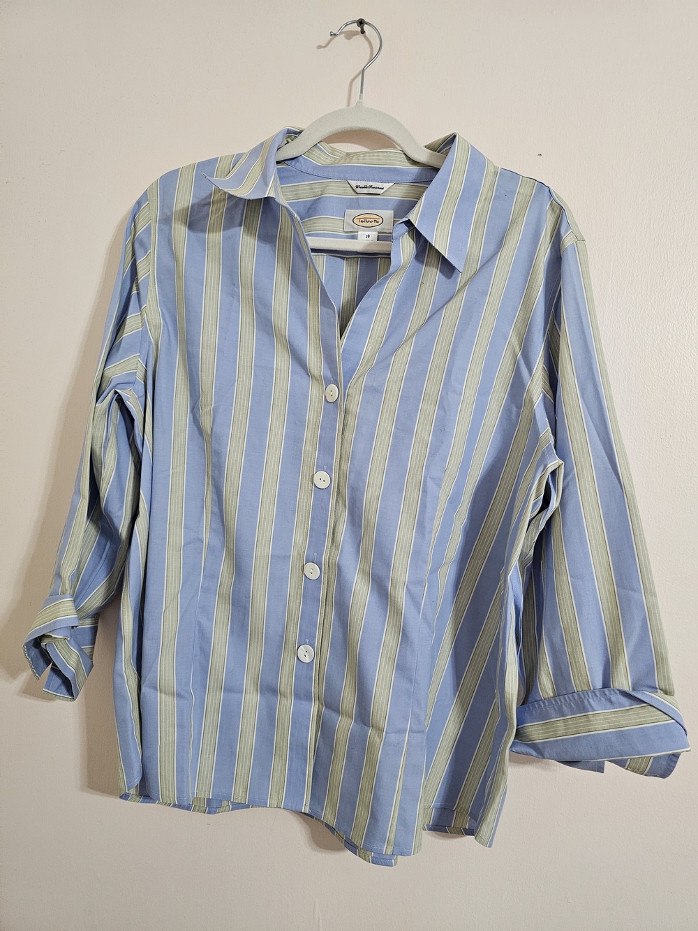 Talbots 18 Non Iron Light Blue and Pale Green Striped Button-Down Shirt